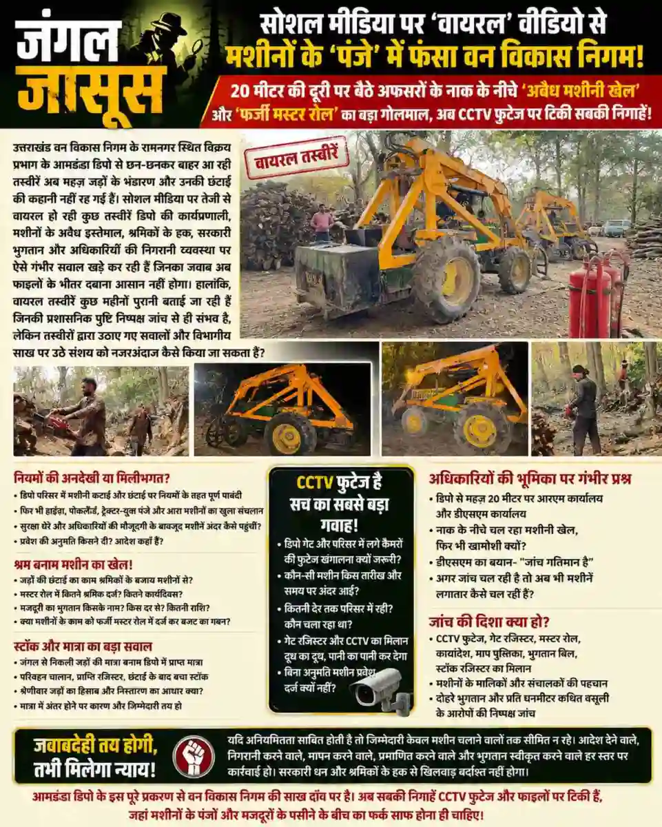 हजूर 👉सोशल मीडिया पर ‘वायरल’ फोटो से मशीनों के ‘पंजे’ में फंसा वन विकास निगम 👉 20 मीटर की दूरी पर बैठे अफसरों के नाक के नीचे ‘अवैध मशीनी खेल’ और ‘फर्जी मस्टर रोल’ का बड़ा गोलमाल, अब CCTV फुटेज पर टिकी सबकी निगाहें!