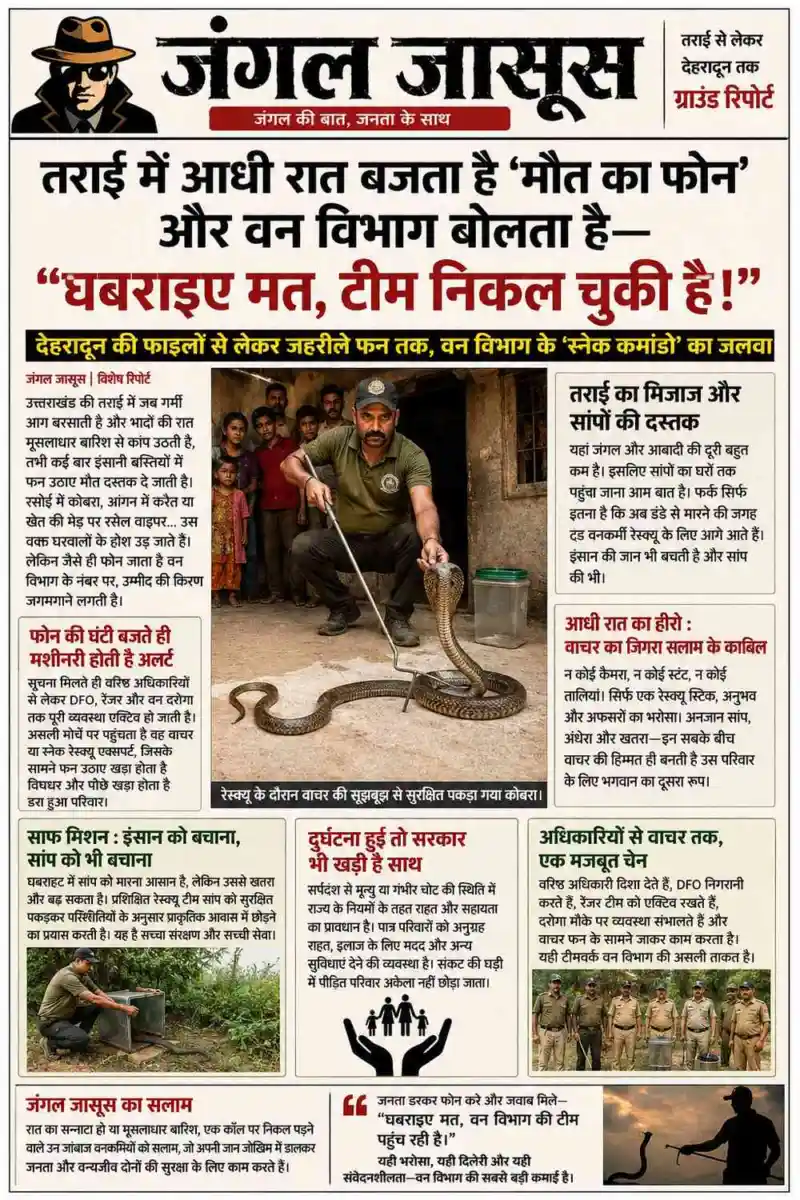 हजूर 👉तराई में आधी रात बजता है ‘मौत का फोन’ और वन विभाग बोलता है👉“घबराइए मत, टीम निकल चुकी है!” देहरादून की फाइलों से लेकर जहरीले फन तक, वन विभाग के ‘स्नेक कमांडो’ का ऐसा जलवा कि सांप भी बोले👉भाई, आज फिर विभाग आ गया!